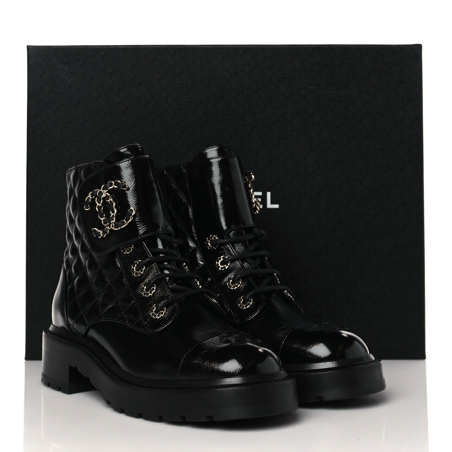 Chanel Shiny Calfskin Quilted Lace Up Combat Boots 37.5 Black 9 of 9