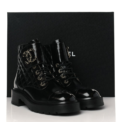 Chanel Shiny Calfskin Quilted Lace Up Combat Boots 37.5 Black 9 of 9