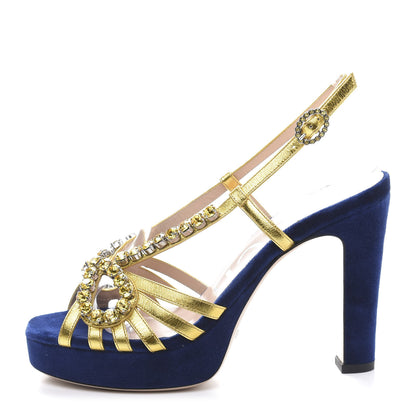 Gucci Velvet Nappa Crystal Zephyra Slingback Platform High Heel Sandals 37 Blue Gold 1 of 8