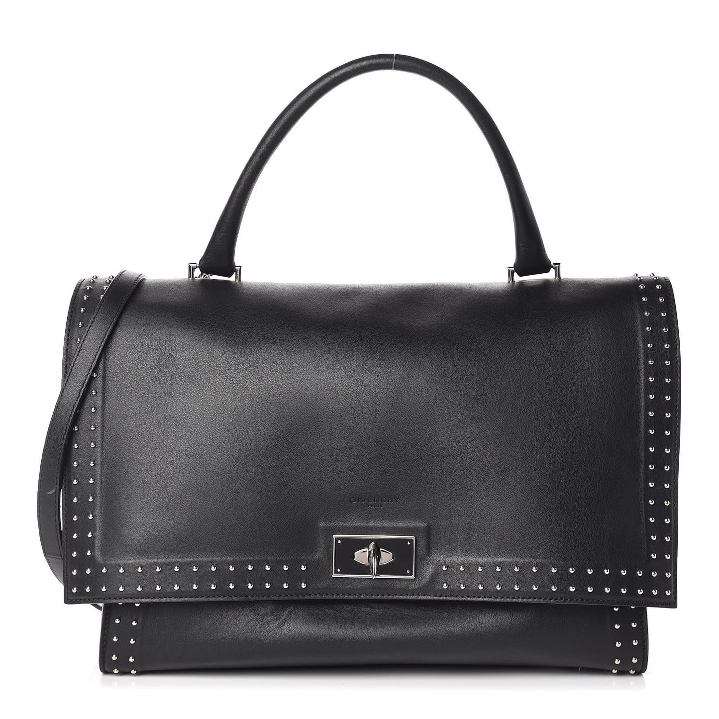 Grained Calfskin Studded Medium Shark Lock Satchel Black