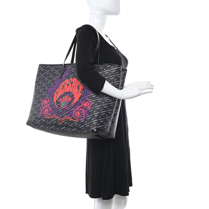 Versace Coated Canvas Calfskin La Greca Medusa Music Signature Shopper Tote Bag Black Grey 2 of 9