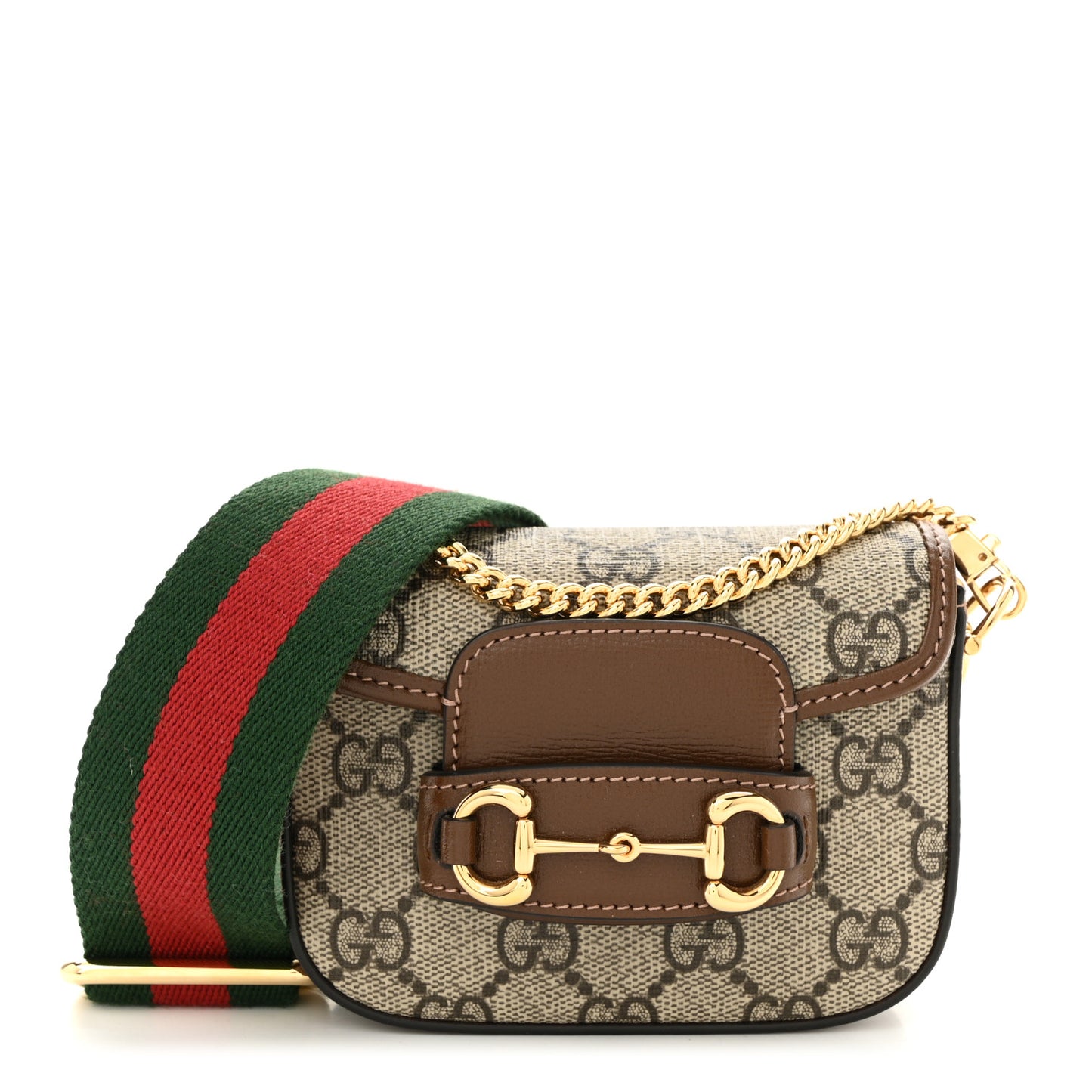 GG Supreme Monogram Azalea Calfskin Web Horsebit 1955 Wallet On Strap Beige Ebony Brown Sugar