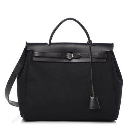 Hermes Toile Vache Calfskin Herbag 30 PM Black Natural 1 of 14