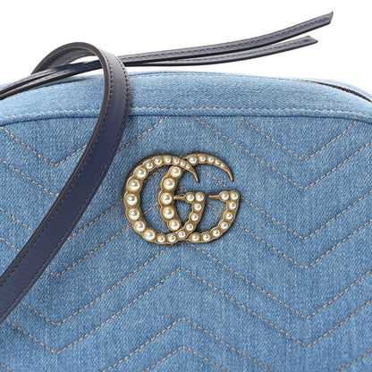 Gucci Denim Matelasse Small Pearly GG Marmont Chain Shoulder Bag Blue 7 of 9