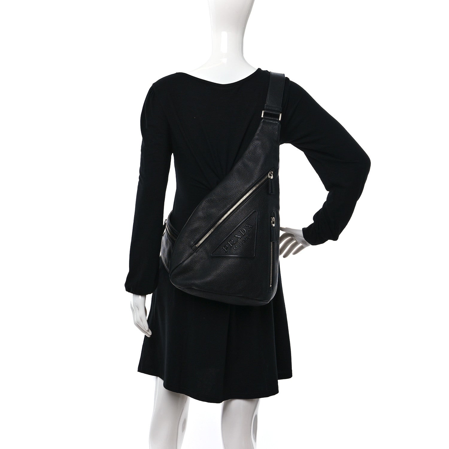 Prada Vitello Daino Logo Embossed Cross Sling Backpack Black 2 of 9