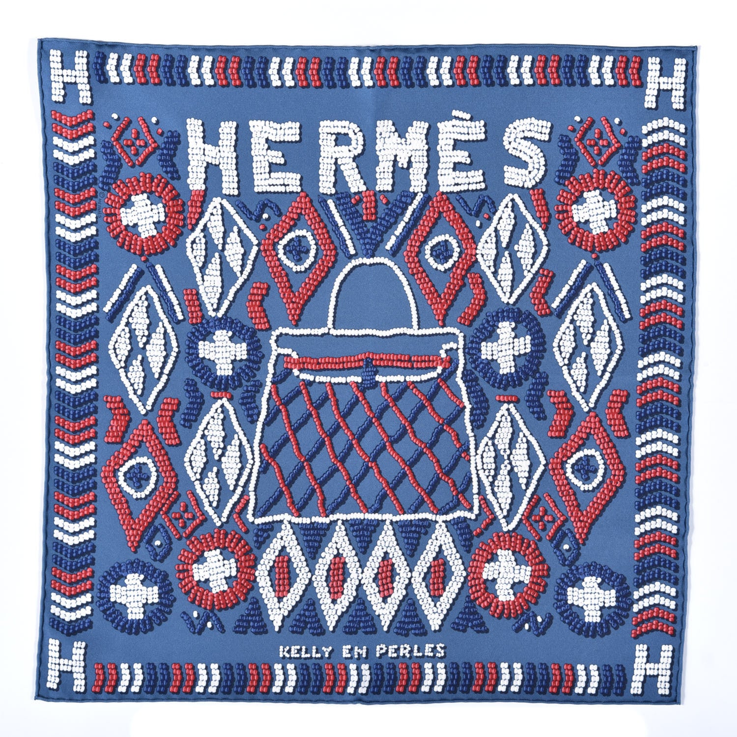 Hermes Silk Jersey Kelly En Perles Scarf 45 Bleu Jean Framboise 1 of 4