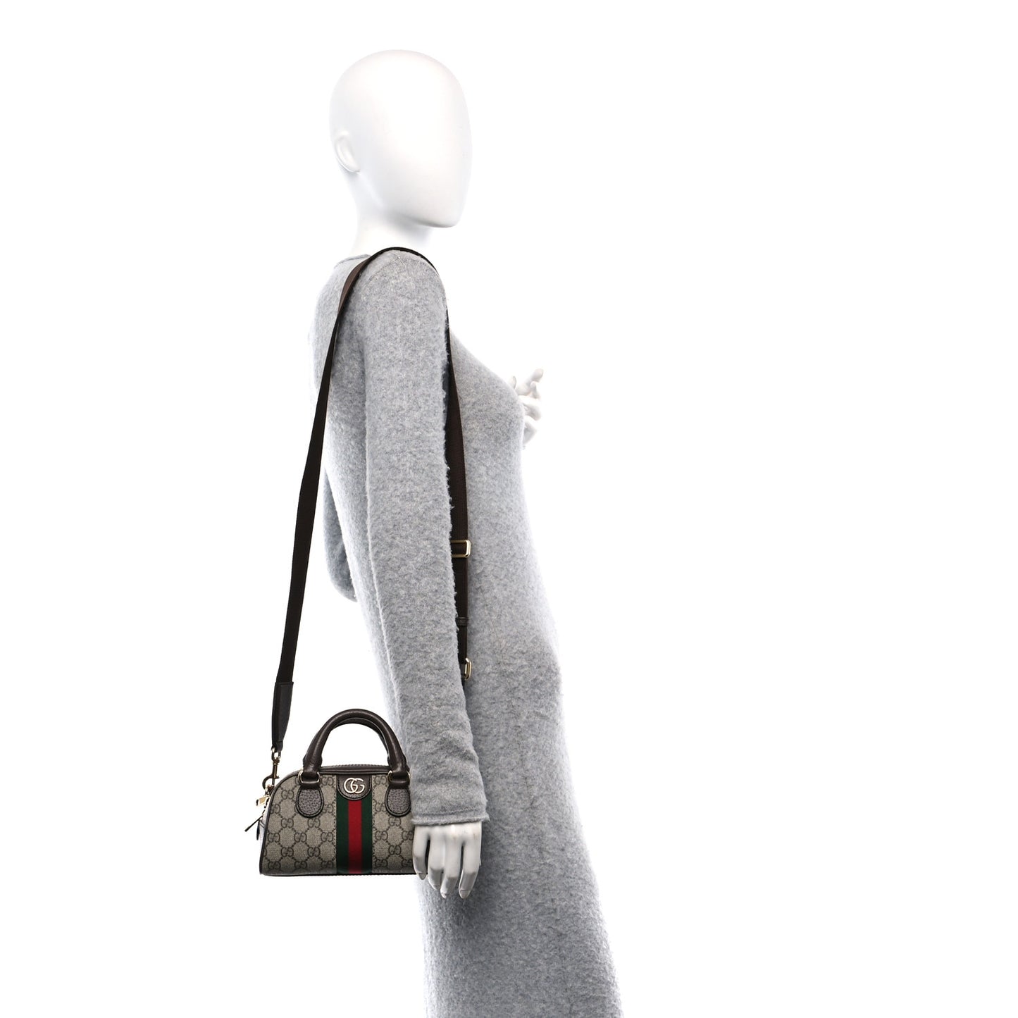 GG Supreme Monogram Textured Dollar Calfskin Web Mini Ophidia Top Handle Bowler Bag Beige Ebony New Acero