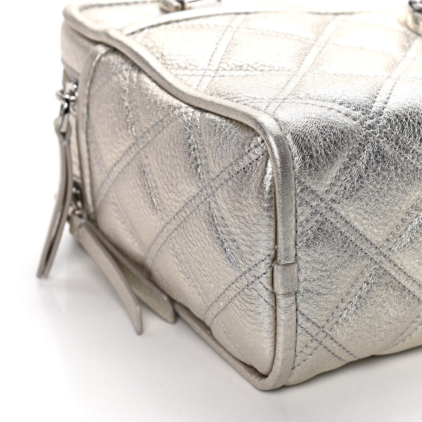 Metallic Grained Calfskin Quilted Double Stitched The Status Shoulder Bag Platinum