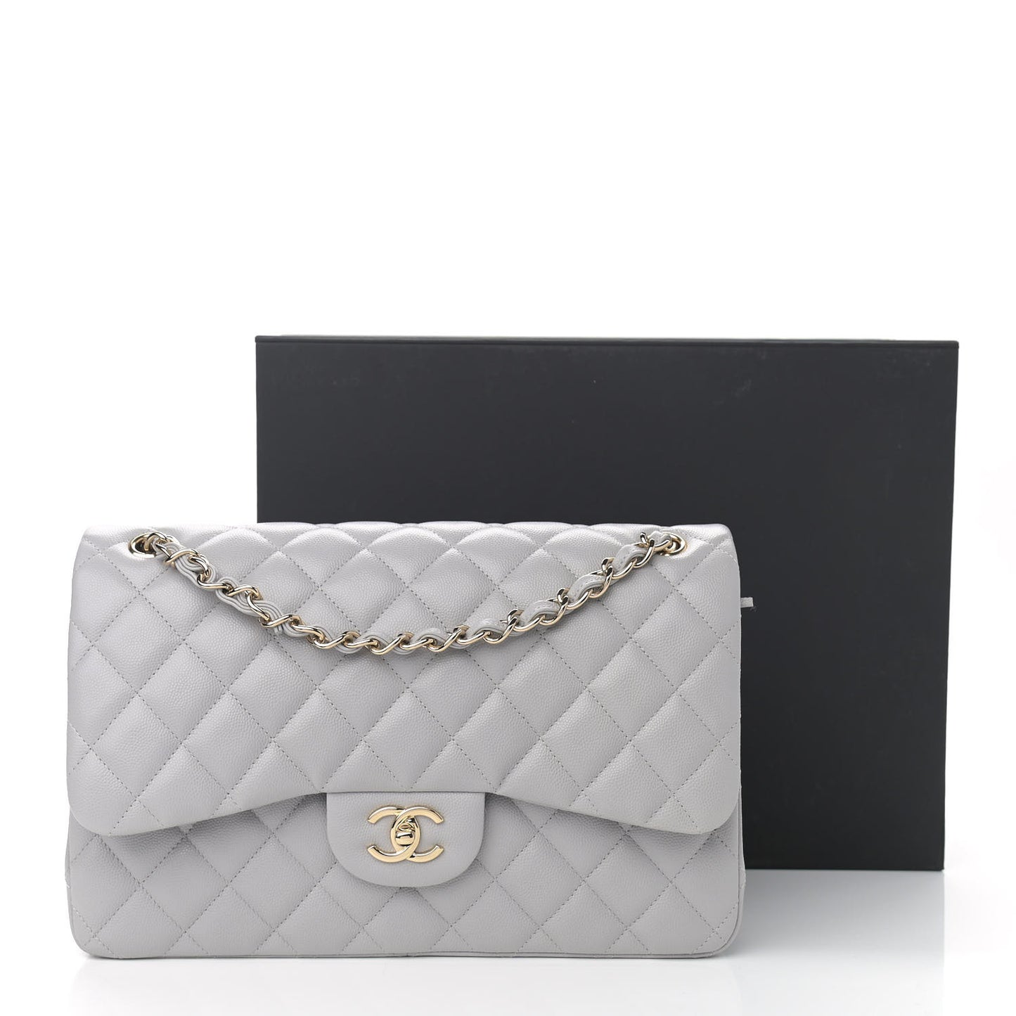 Caviar Quilted Jumbo Double Flap Light Grey
