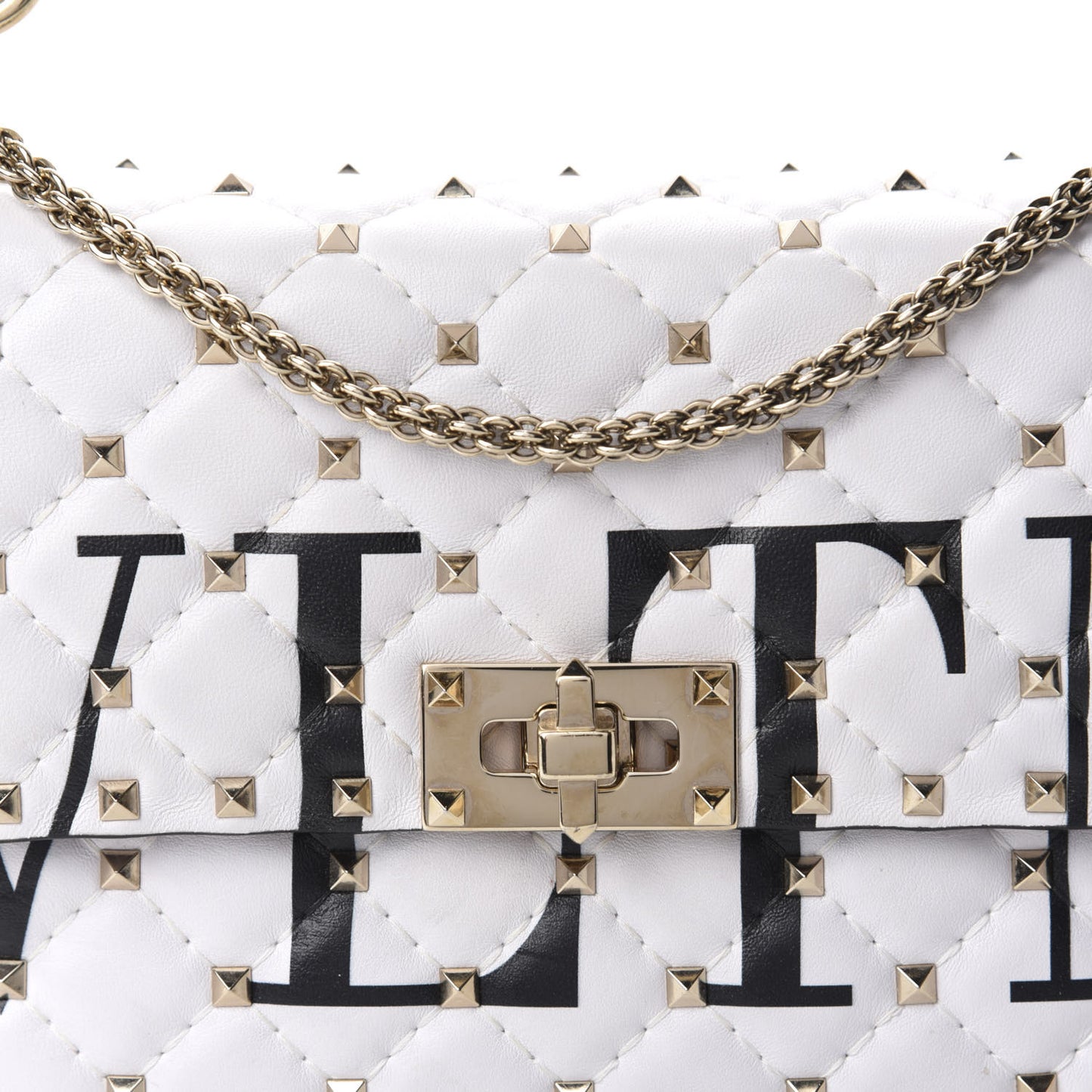 Lambskin VLTN Print Medium Rockstud Spike Shoulder Bag Optic White Black