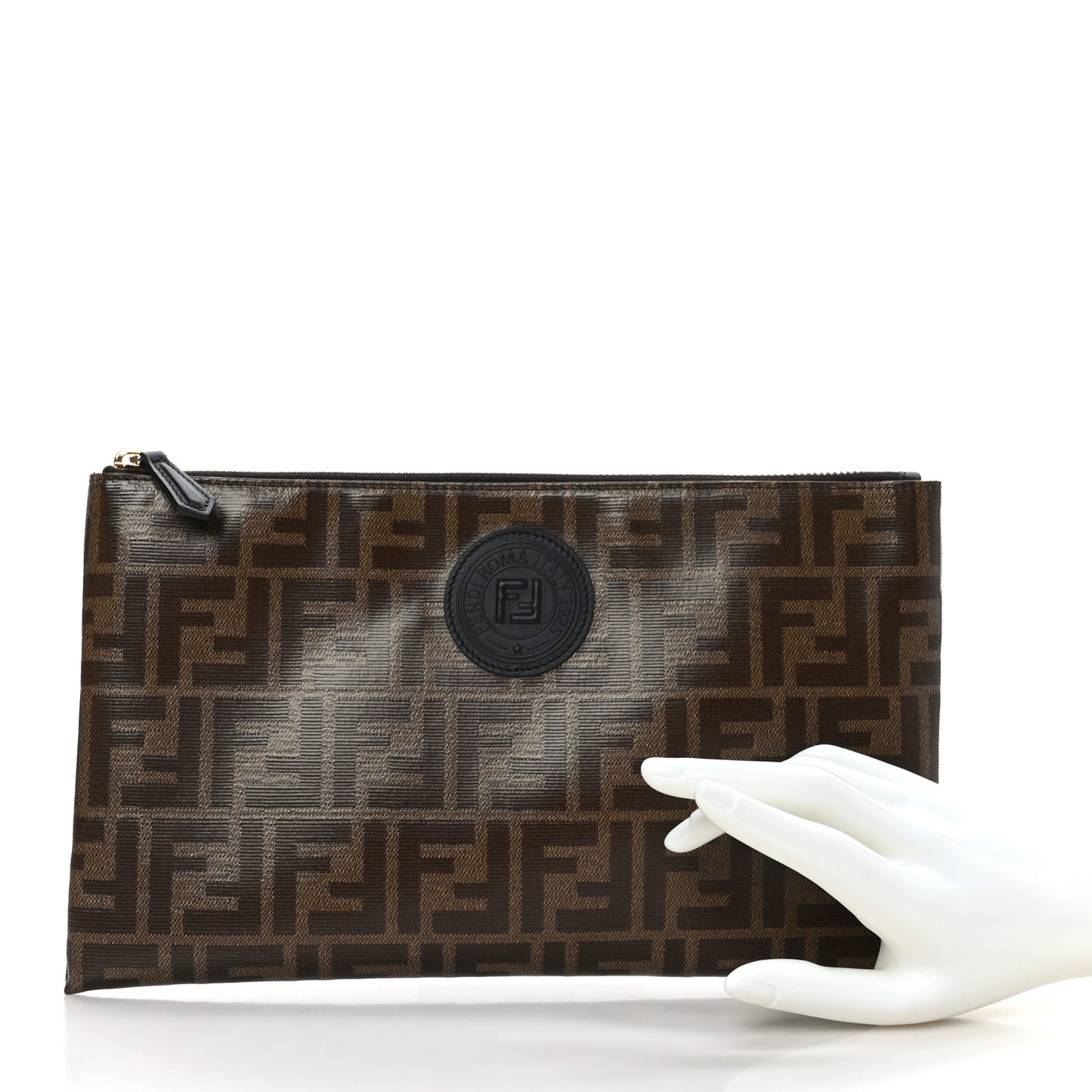 Glazed Fabric Vitello Century FF 1974 Stamp Patch Small FFreedom Flat Pouch Mogano Panna Black