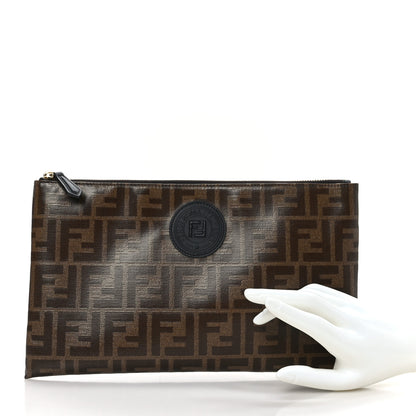Fendi Glazed Fabric Vitello Century FF 1974 Stamp Patch Small FFreedom Flat Pouch Mogano Panna Black 2 of 7