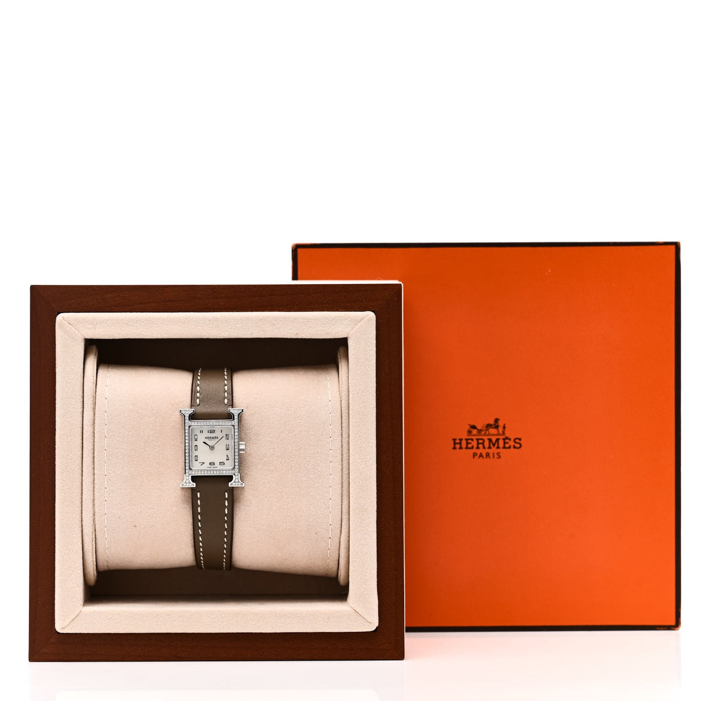 Stainless Steel Swift Diamond Bezel Mother of Pearl 17.2mm Heure H Hour Quartz Watch Etoupe