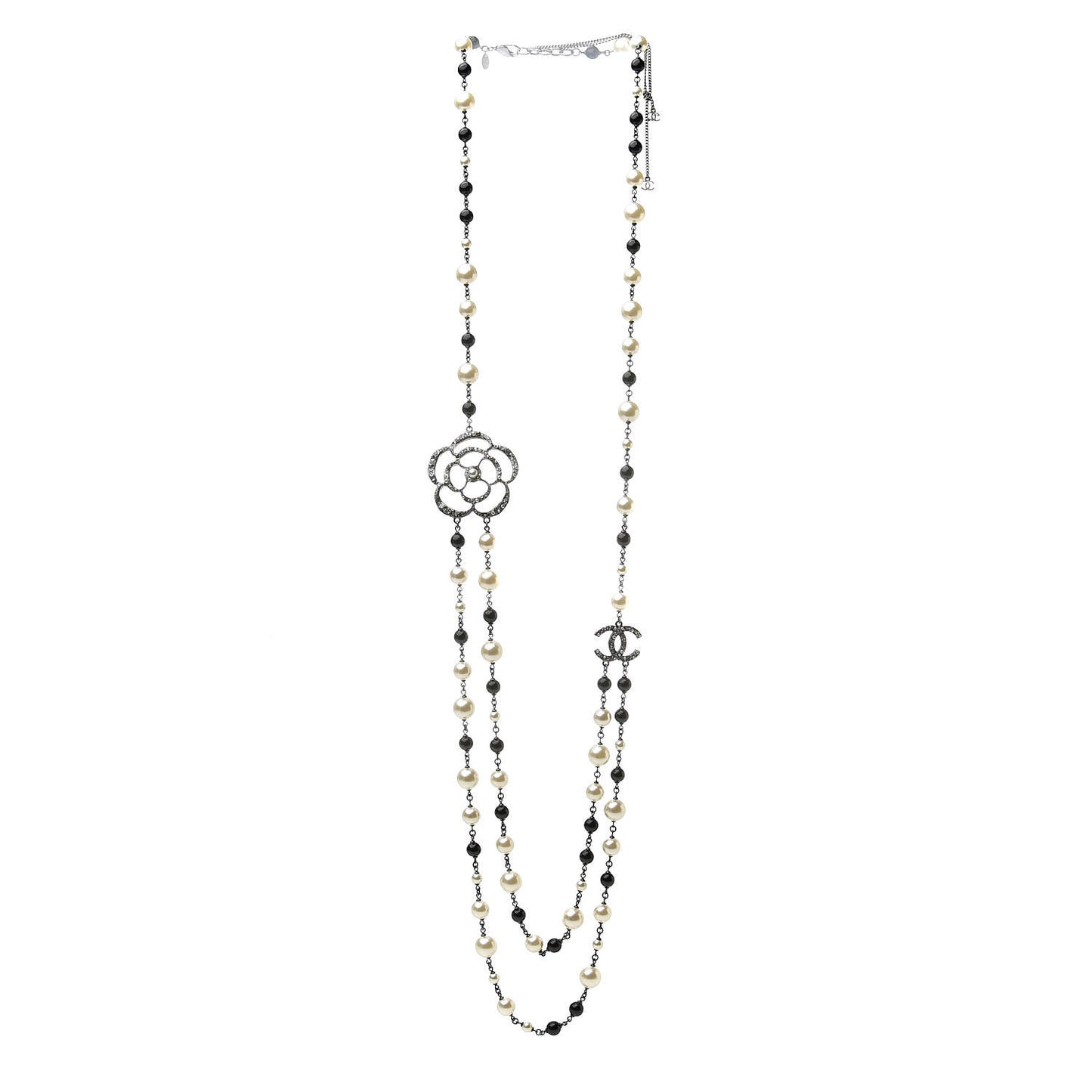 Pearl Crystal Camellia CC Long Necklace Silver