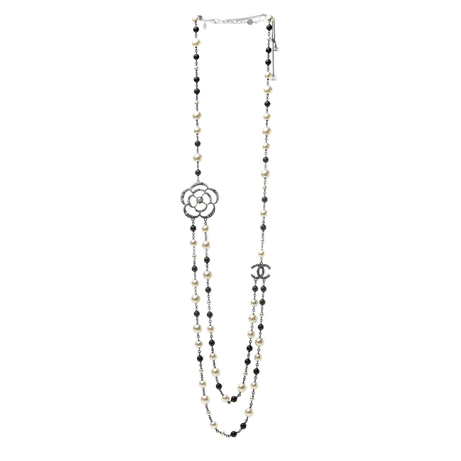 Chanel Pearl Crystal Camellia CC Long Necklace Silver 3 of 7