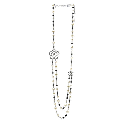 Chanel Pearl Crystal Camellia CC Long Necklace Silver 3 of 7