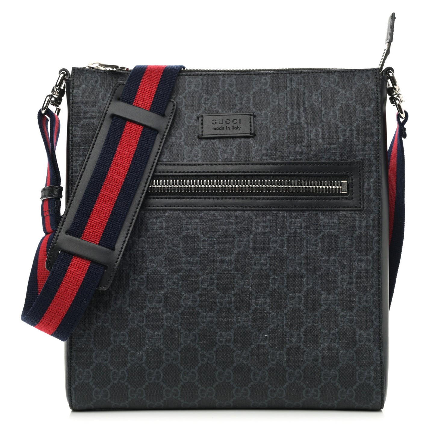 GG Supreme Monogram Appia Calfskin Web Flat Messenger Bag Black Grey