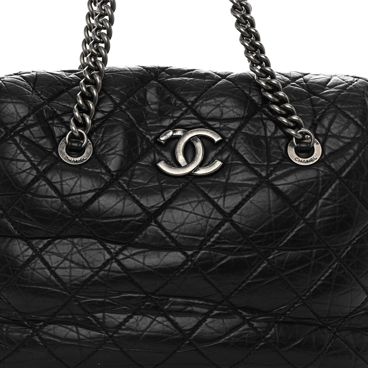 Aged Calfskin Quilted Large Secret Tag Bowling Bag Black