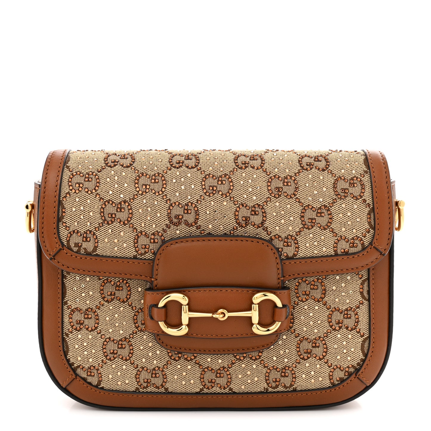 New Canvas Charisma Calfskin Crystal GG Monogram Mini Horsebit 1955 Shoulder Bag Camel Ebony