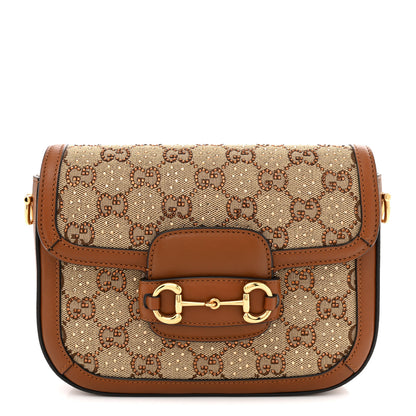 Gucci New Canvas Charisma Calfskin Crystal GG Monogram Mini Horsebit 1955 Shoulder Bag Camel Ebony 1 of 10