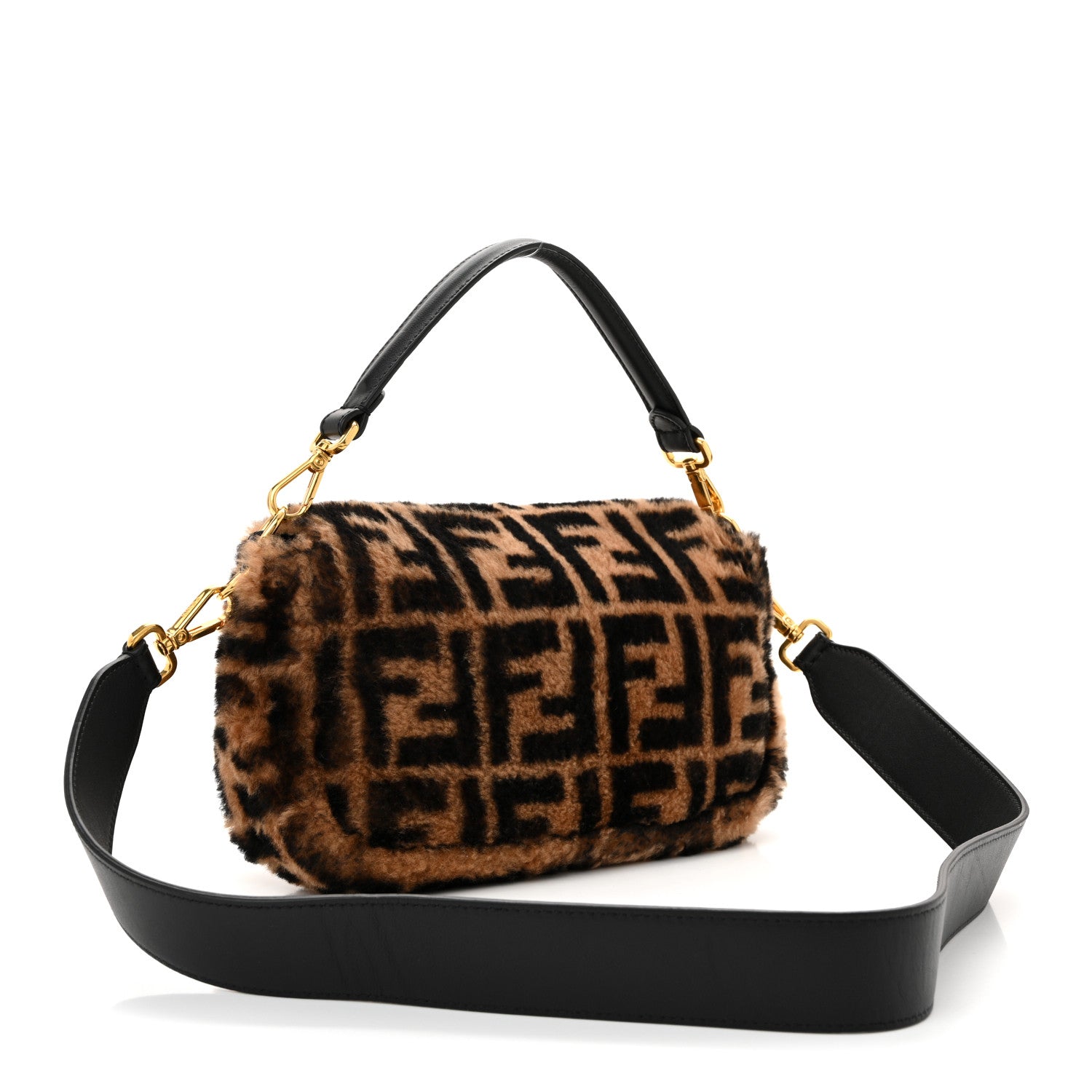 Fendi Shearling Vitello Dolce Macro FF 1974 Baguette Tobacco Black 3 of 10