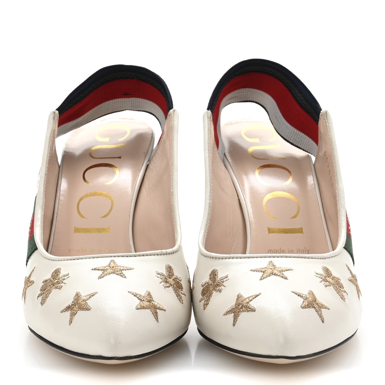 Gucci Malaga Kid Web Bee Star Embroidered Sylvie Mid Heel Slingback Pumps 37.5 White 3 of 10