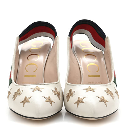 Gucci Malaga Kid Web Bee Star Embroidered Sylvie Mid Heel Slingback Pumps 37.5 White 3 of 10