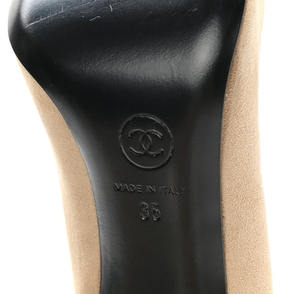 Chanel Suede Patent Calfskin Cap Toe Pearl Pumps 35 Beige Black 6 of 10