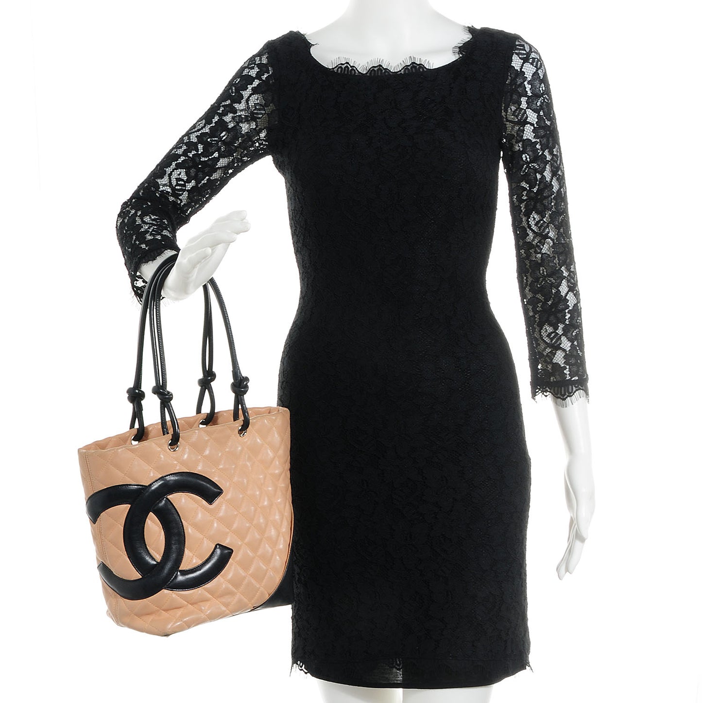 Calfskin Quilted Medium Cambon Tote Beige Black