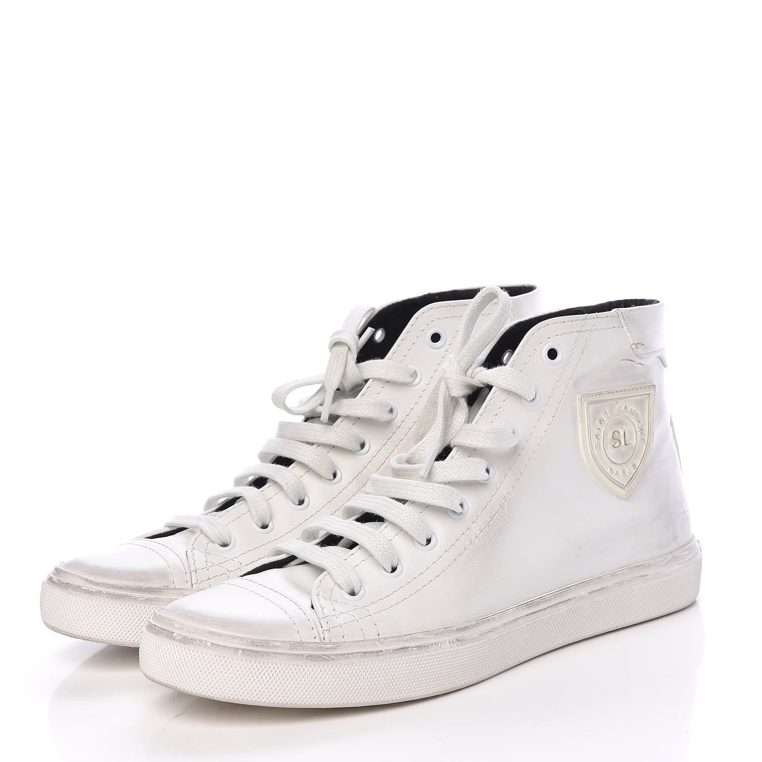 Saint Laurent Distressed Calfskin Bedford Logo-Appliqued Hightop Sneakers 38 White 3 of 12