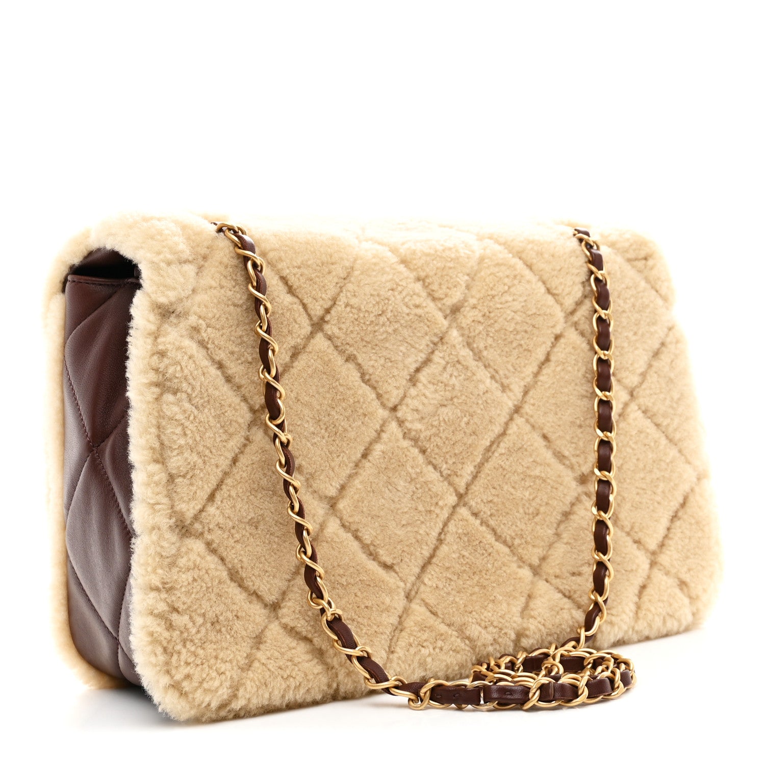 Chanel Shearling Lambskin Quilted Large Furry Coco Flap Beige Dark Brown 3 of 10