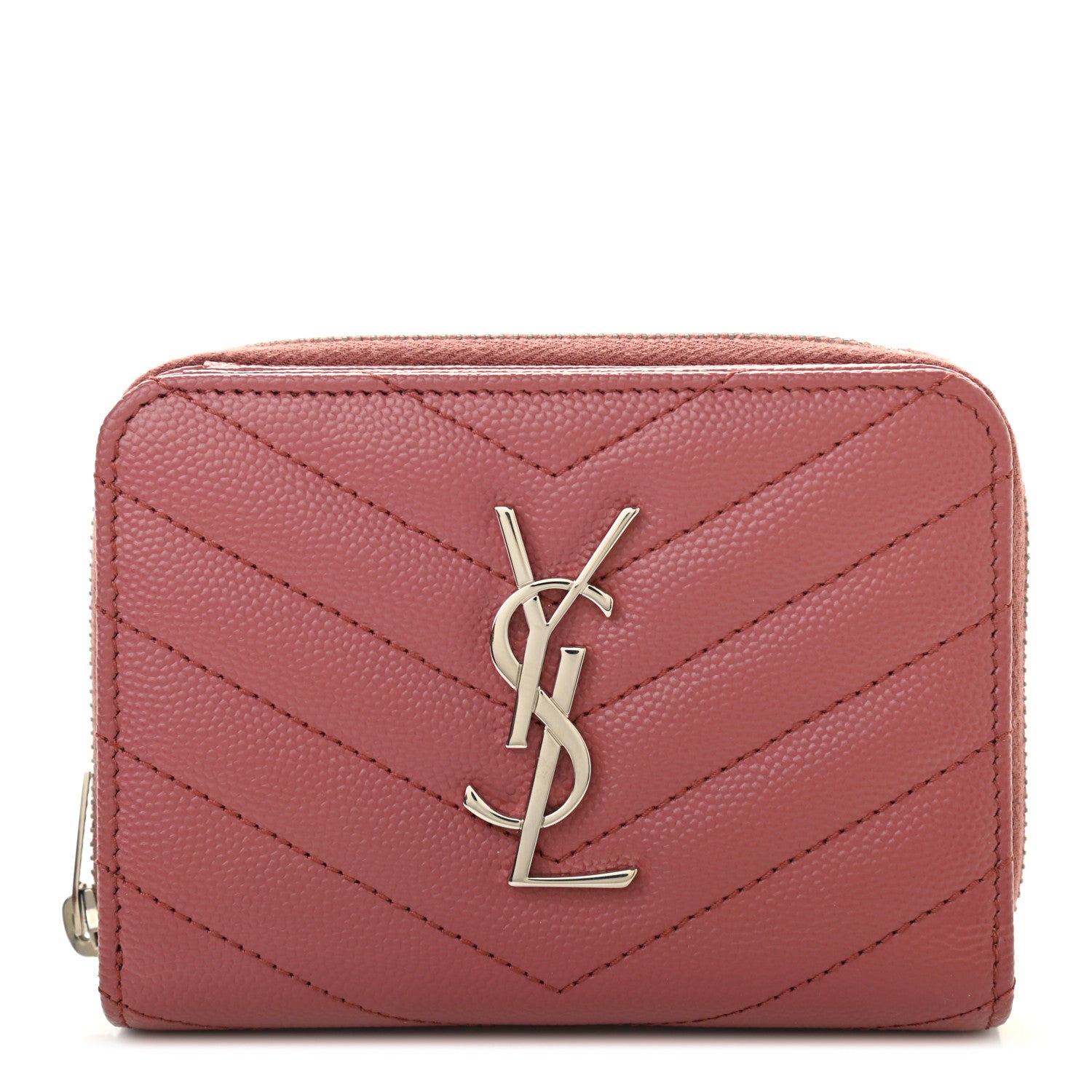 Saint Laurent Grain De Poudre Matelasse Chevron Monogram Compact Zip Around Wallet Dark Rose 1 of 11