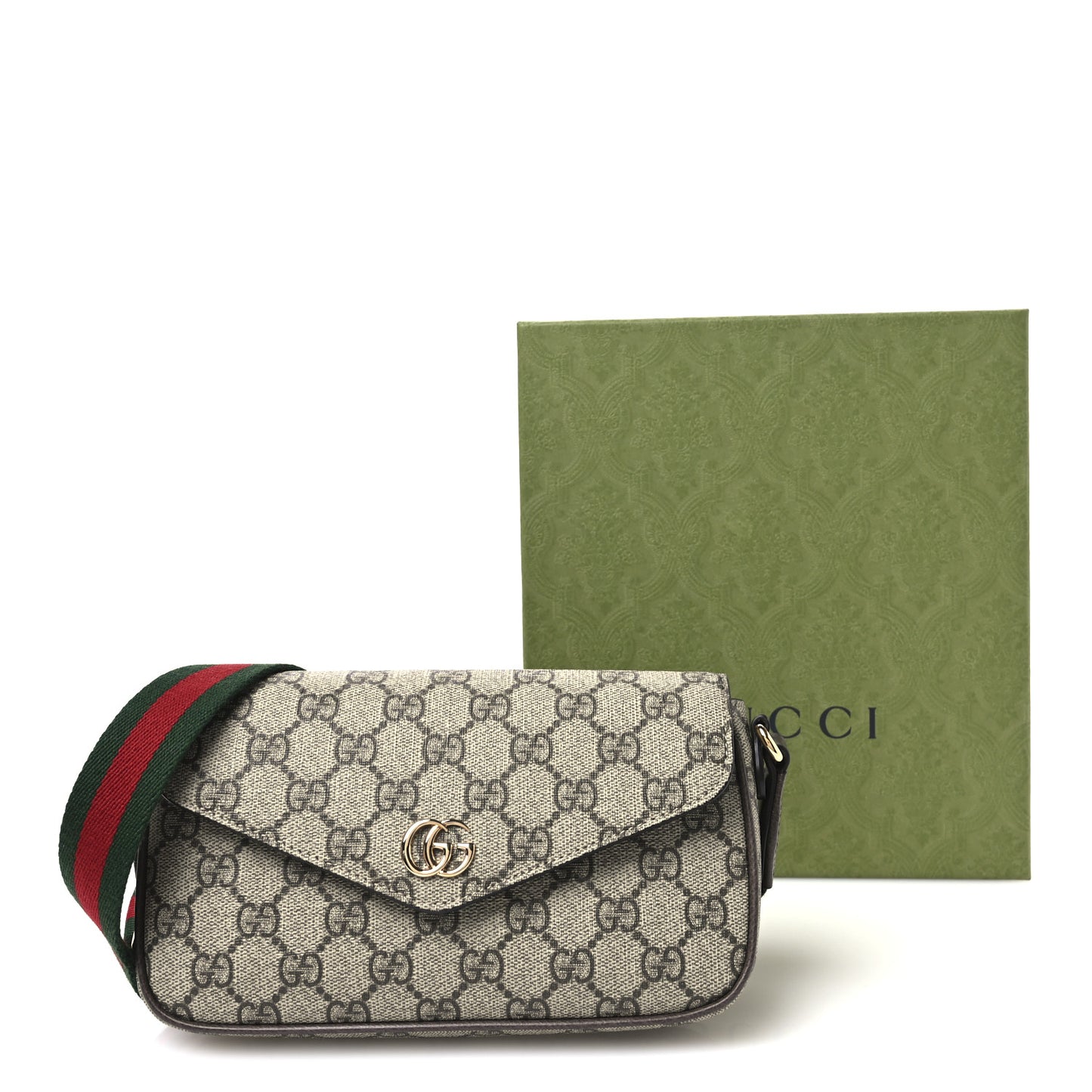 GG Supreme Monogram Textured Dollar Calfskin Web Mini Ophidia Envelope Shoulder Bag Beige Ebony New Acero
