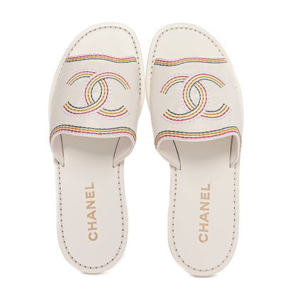 Chanel Calfskin Embroidered CC Sandal Mule 37.5 White 2 of 9