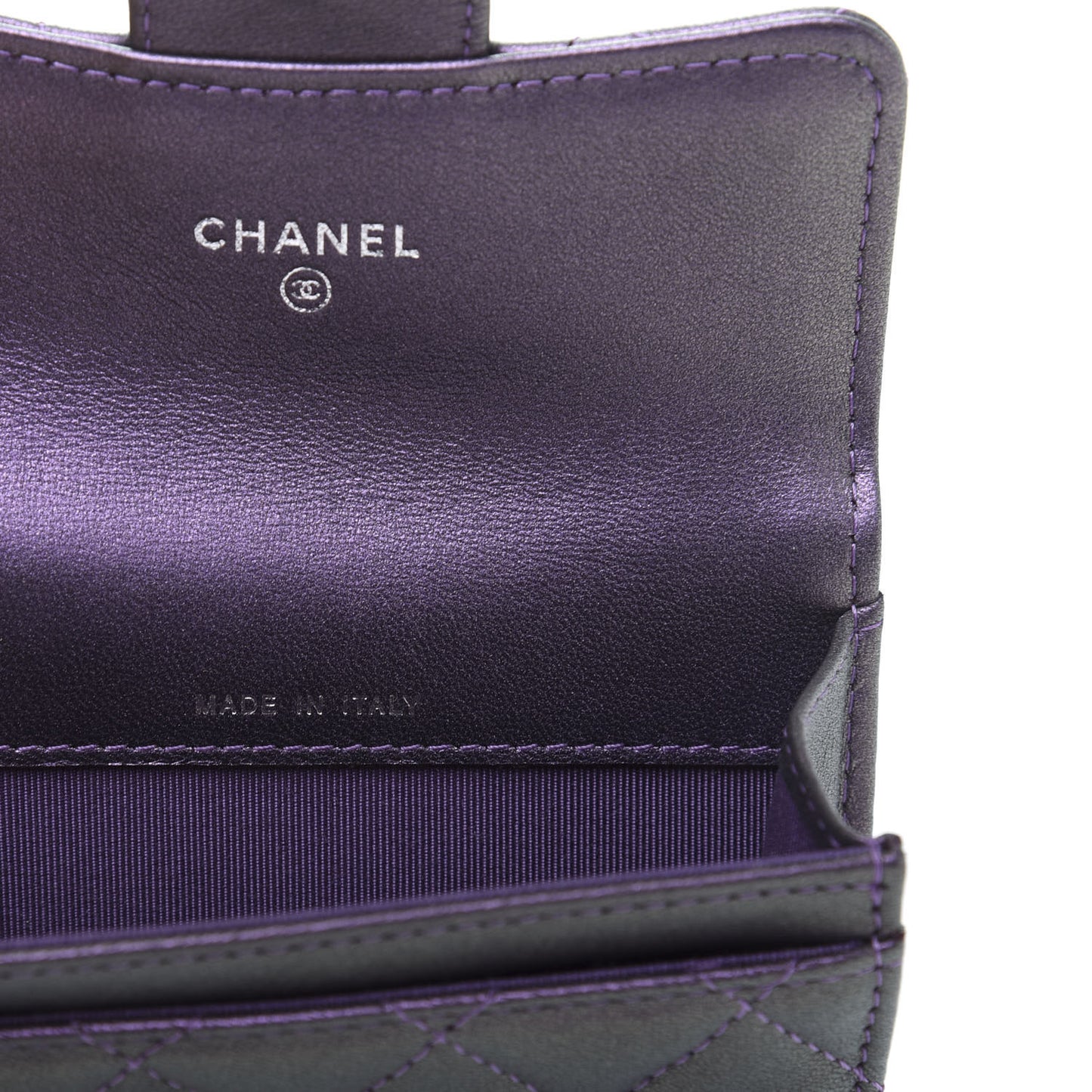 Iridescent Lambskin Quilted Flap Card Holder Purple