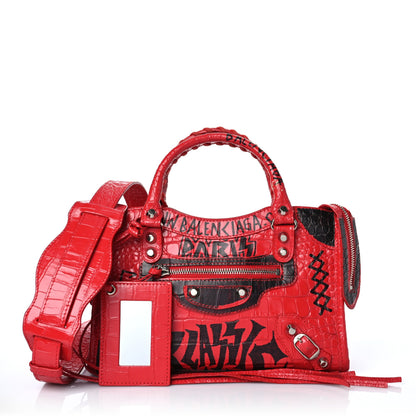 Balenciaga Calfskin Crocodile Embossed Graffiti Classic Hardware Mini City Bright Red Black 1 of 8