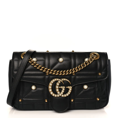 Gucci Calfskin Matelasse Studded Small Pearly GG Marmont Shoulder Bag Black 1 of 9