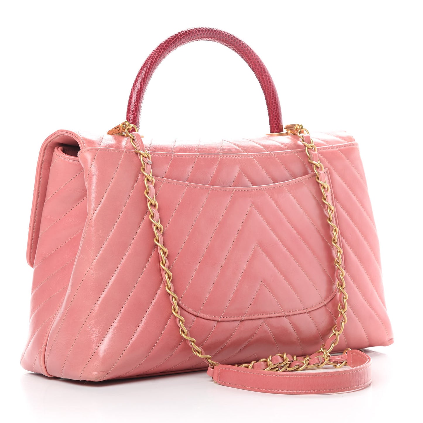 Calfskin Lizard Chevron Quilted Medium Coco Handle Flap Pink