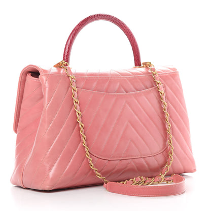 Chanel Calfskin Lizard Chevron Quilted Medium Coco Handle Flap Pink 3 of 13