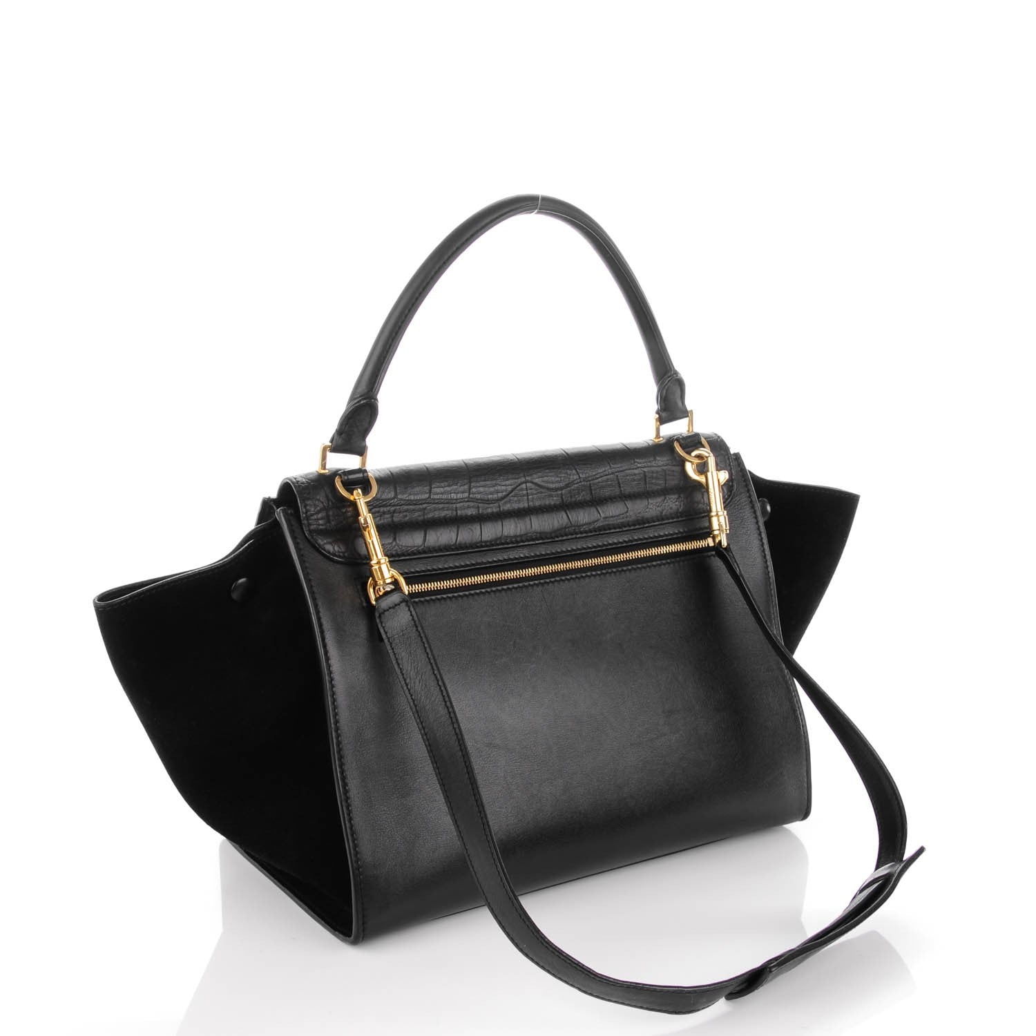 Celine Crocodile Embossed Calfskin Suede Medium Trapeze Black 3 of 7