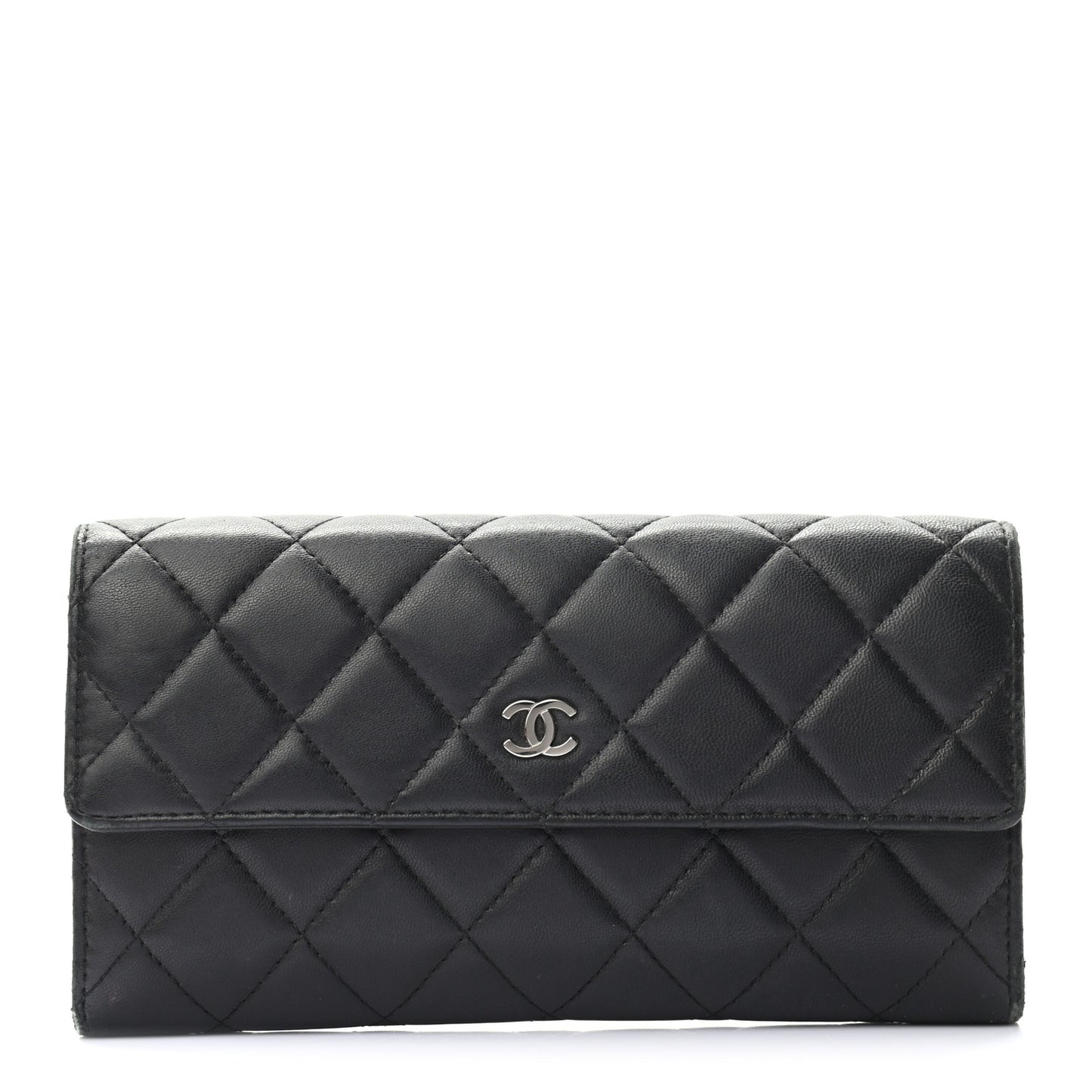 Lambskin Quilted Large Gusset Flap Wallet Black