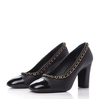 Chanel Calfskin Patent Calfskin Chain Cap Toe Pumps 36.5 Black 3 of 9