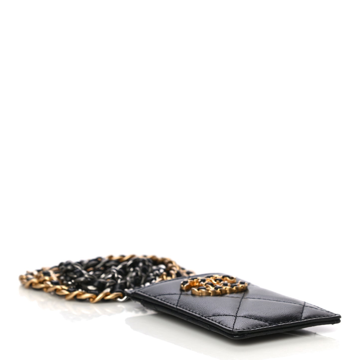 Shiny Goatskin Quilted Chanel 19 Card Holder On Chain Black