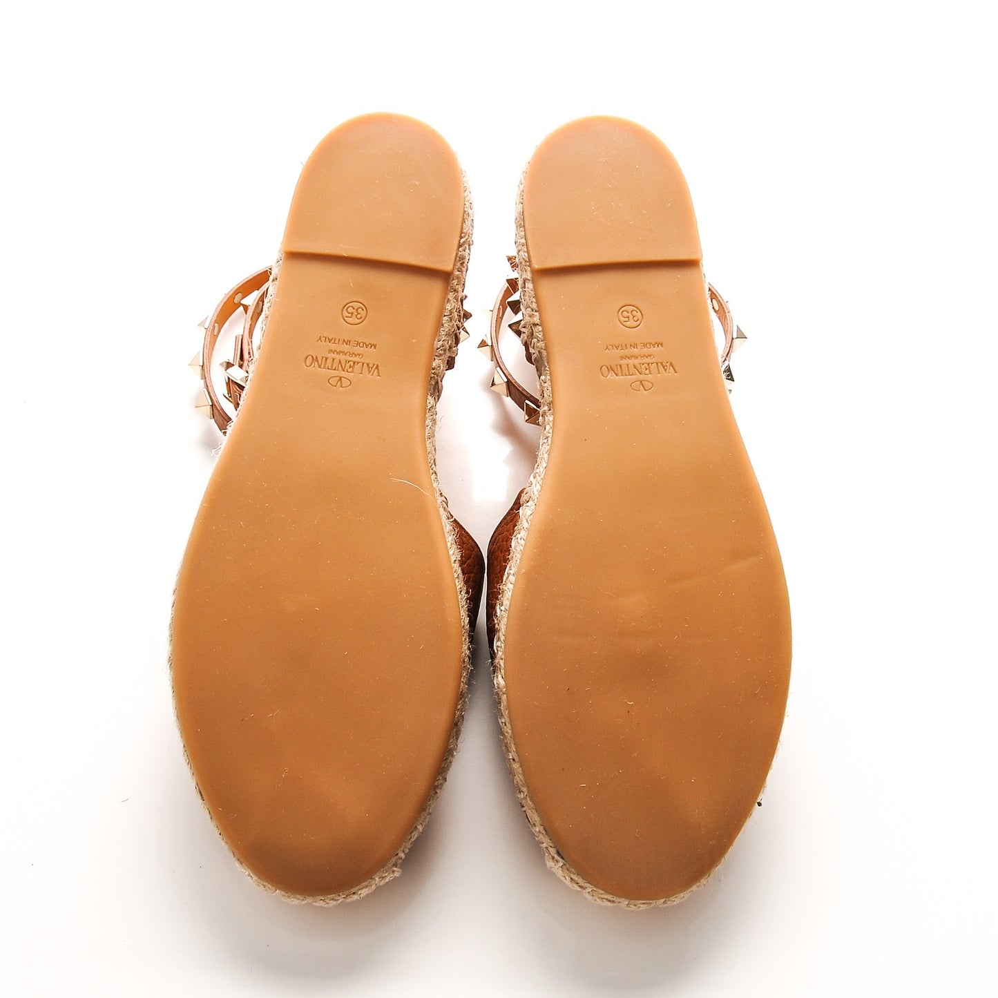 Grained Calfskin Rockstud Ankle Wrap Espadrille Flats 35 Cognac