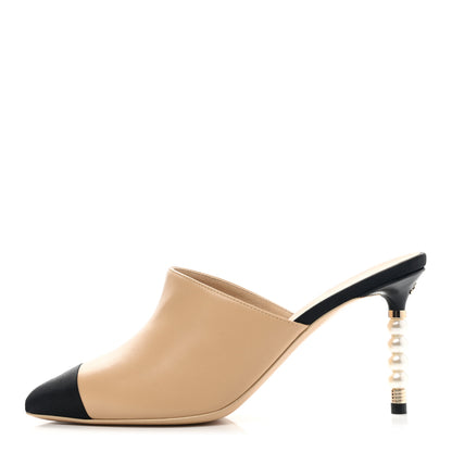Chanel Lambskin Grosgrain Cap Toe Pearl Mule 37.5 Beige Black 1 of 9