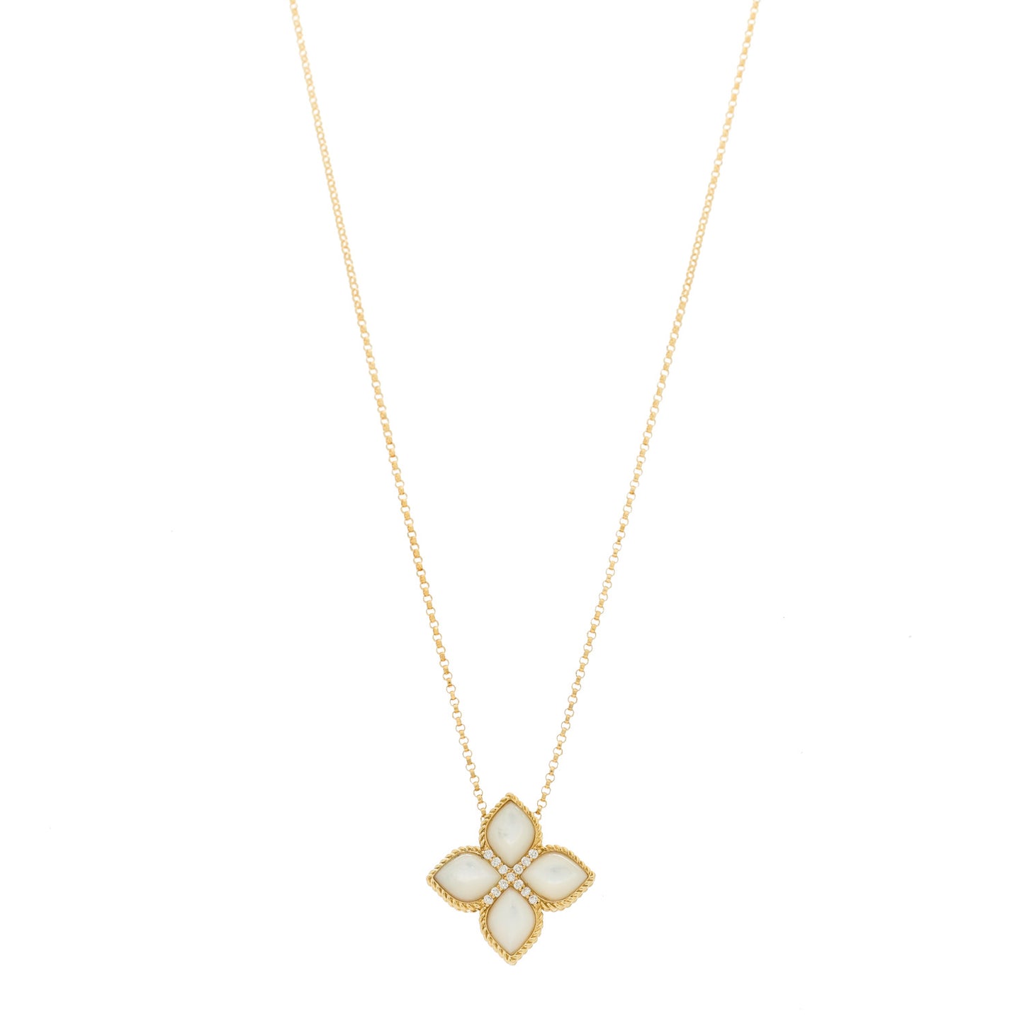 18K Yellow Gold Diamond Mother of Pearl Venetian Princess Medium Flower Pendant Necklace