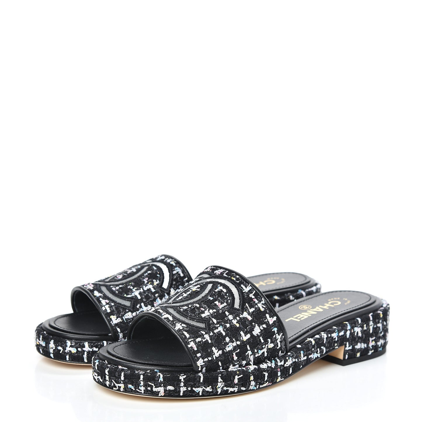 Tweed Lambskin CC Mules 38 Black White