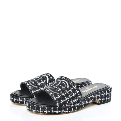 Chanel Tweed Lambskin CC Mules 38 Black White 3 of 8