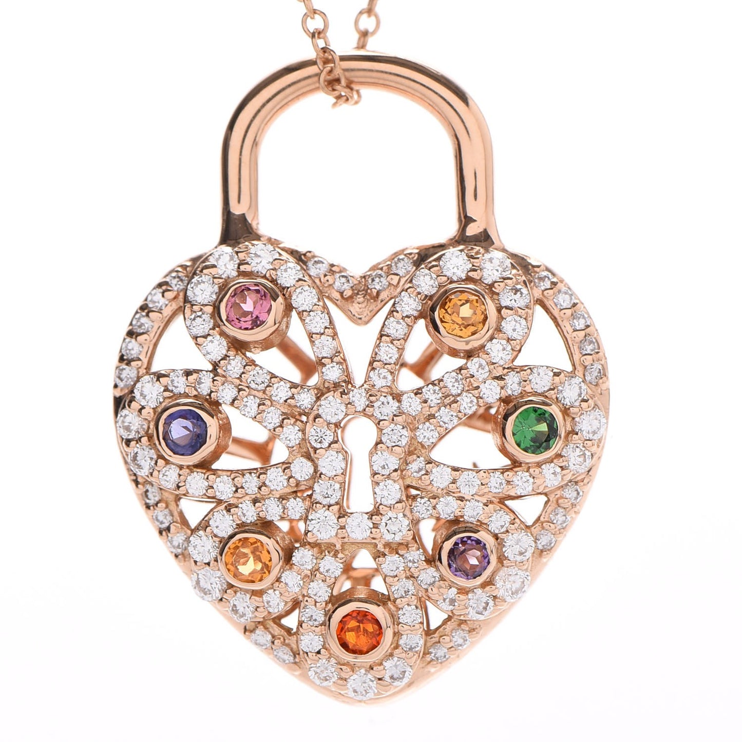 18K Rose Gold Diamond Multistone Filigree Heart Pendant Necklace