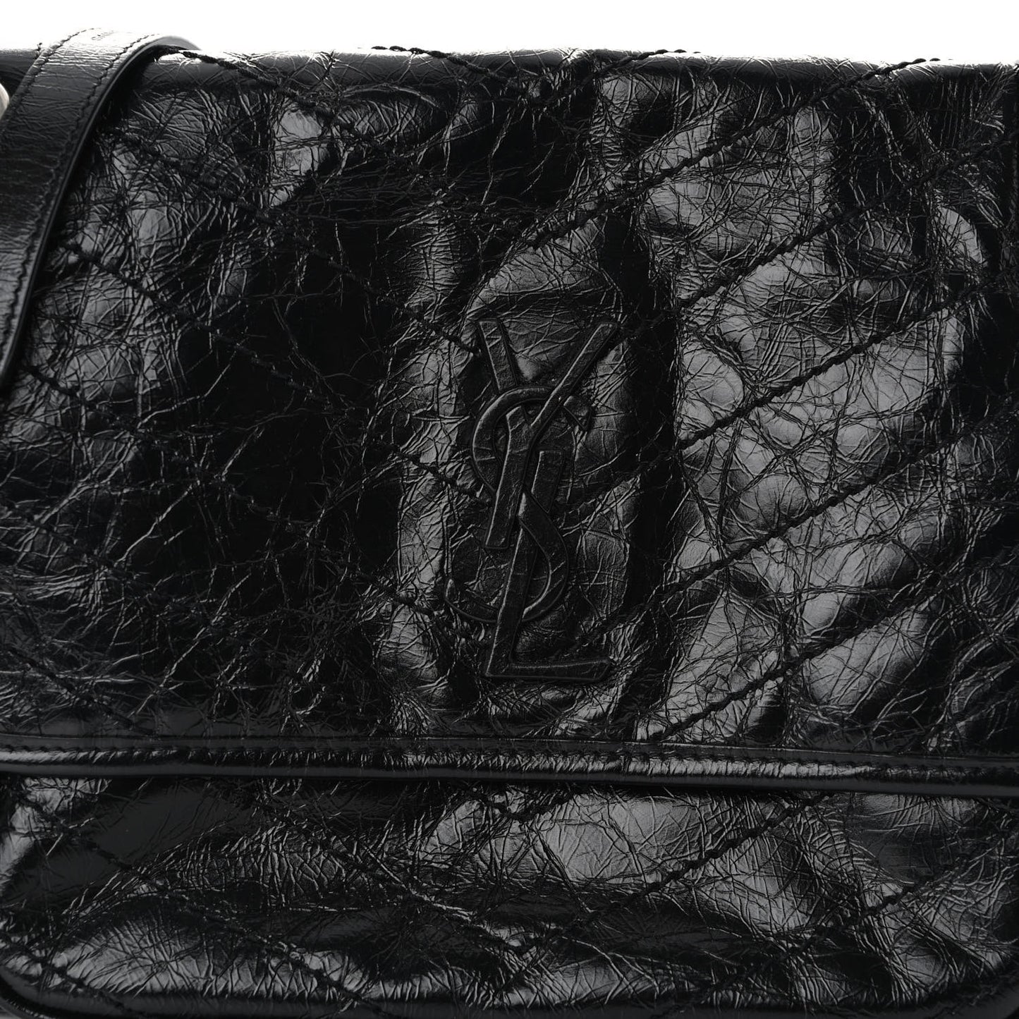 Crinkled Calfskin Matelasse Monogram Medium Niki Chain Satchel Black